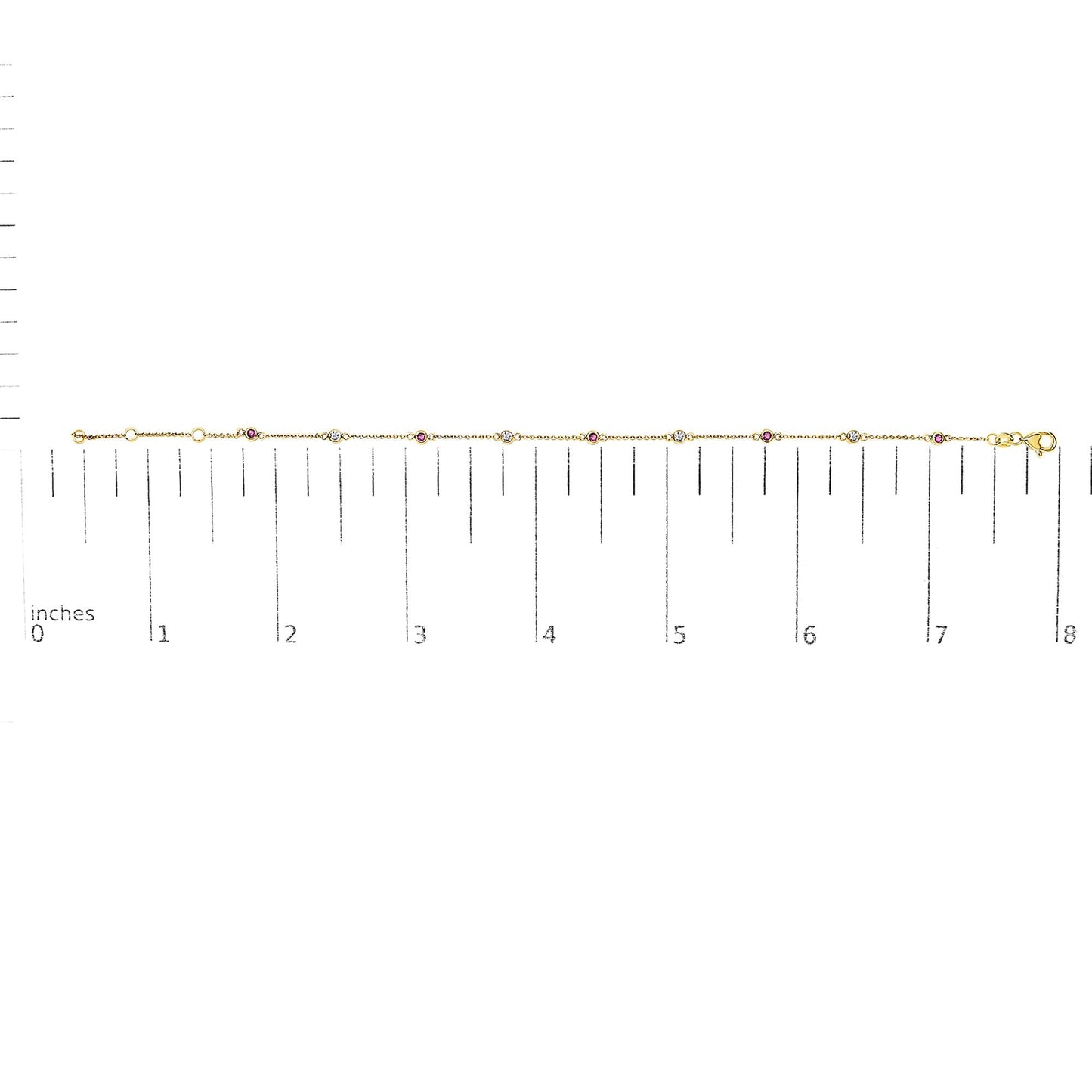 14K Yellow Gold Alternating Red Ruby and White Diamond Bezel Station Chain Bracelet (I-J Color, SI2-I1 Clarity) - 8" Inches