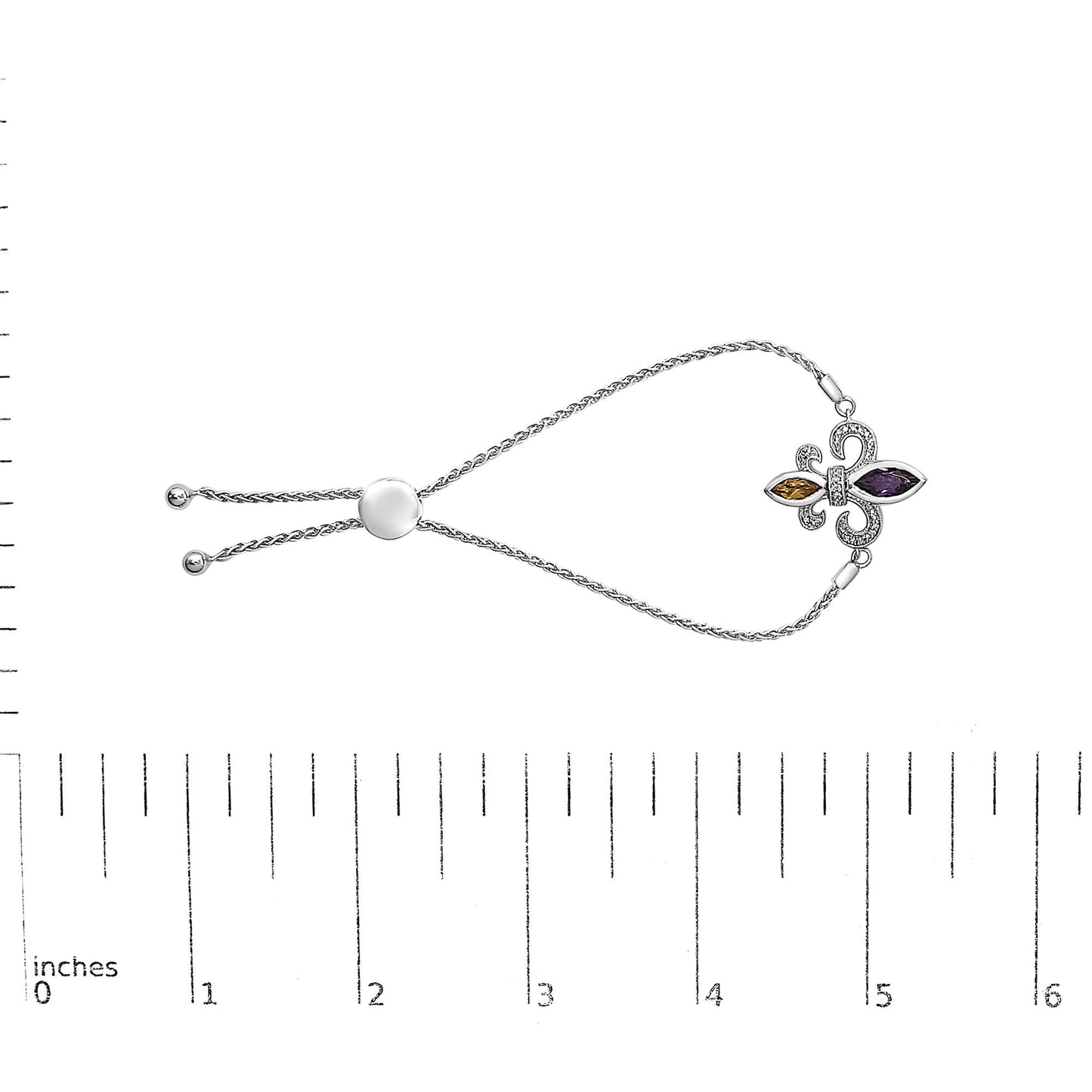 .925 Sterling Silver Marquise Purple Amethyst, Orange Citrine, and Diamond Accent Lariat 4”-10” Fleur De Lis Adjustable Bolo Bracelet (I-J Color, I1-I2 Clarity)