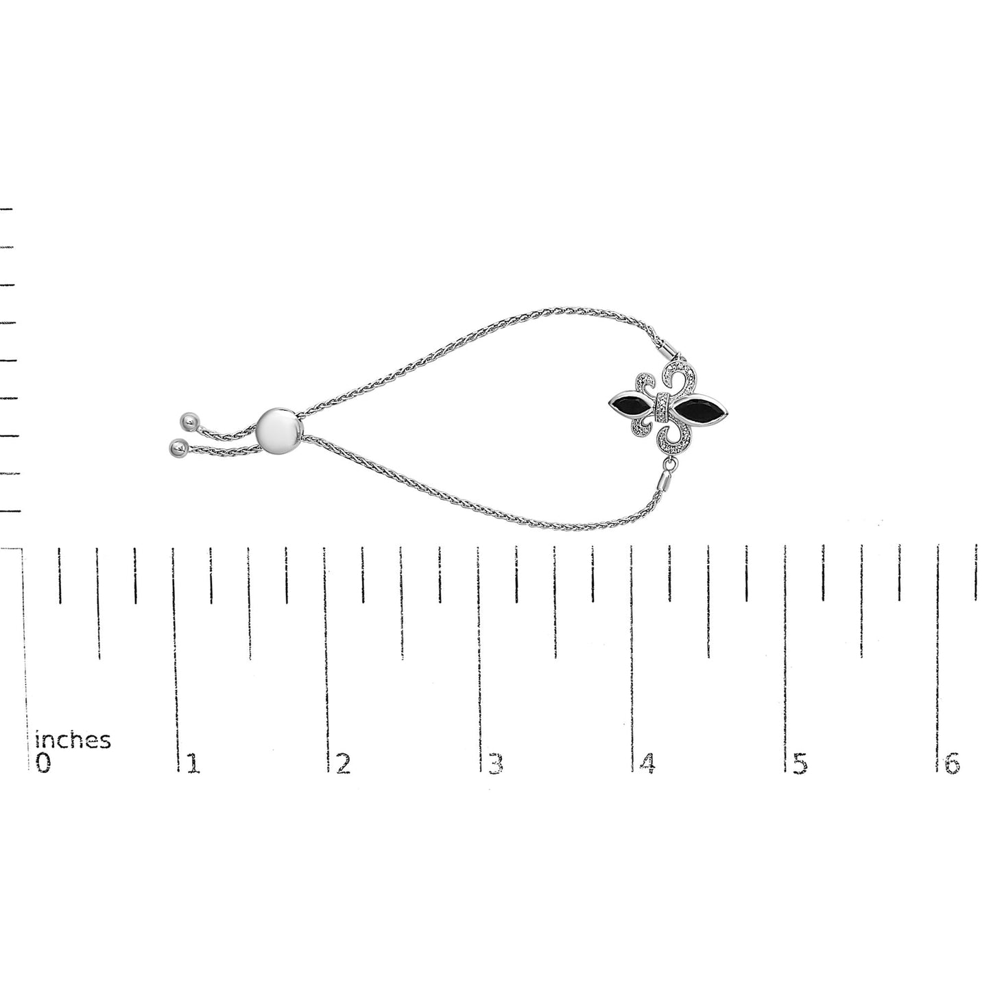 .925 Sterling Silver Marquise Black Onyx and Diamond Accent Lariat 4”-10” Fleur De Lis Adjustable Bolo Bracelet (I-J Color, I1-I2 Clarity)