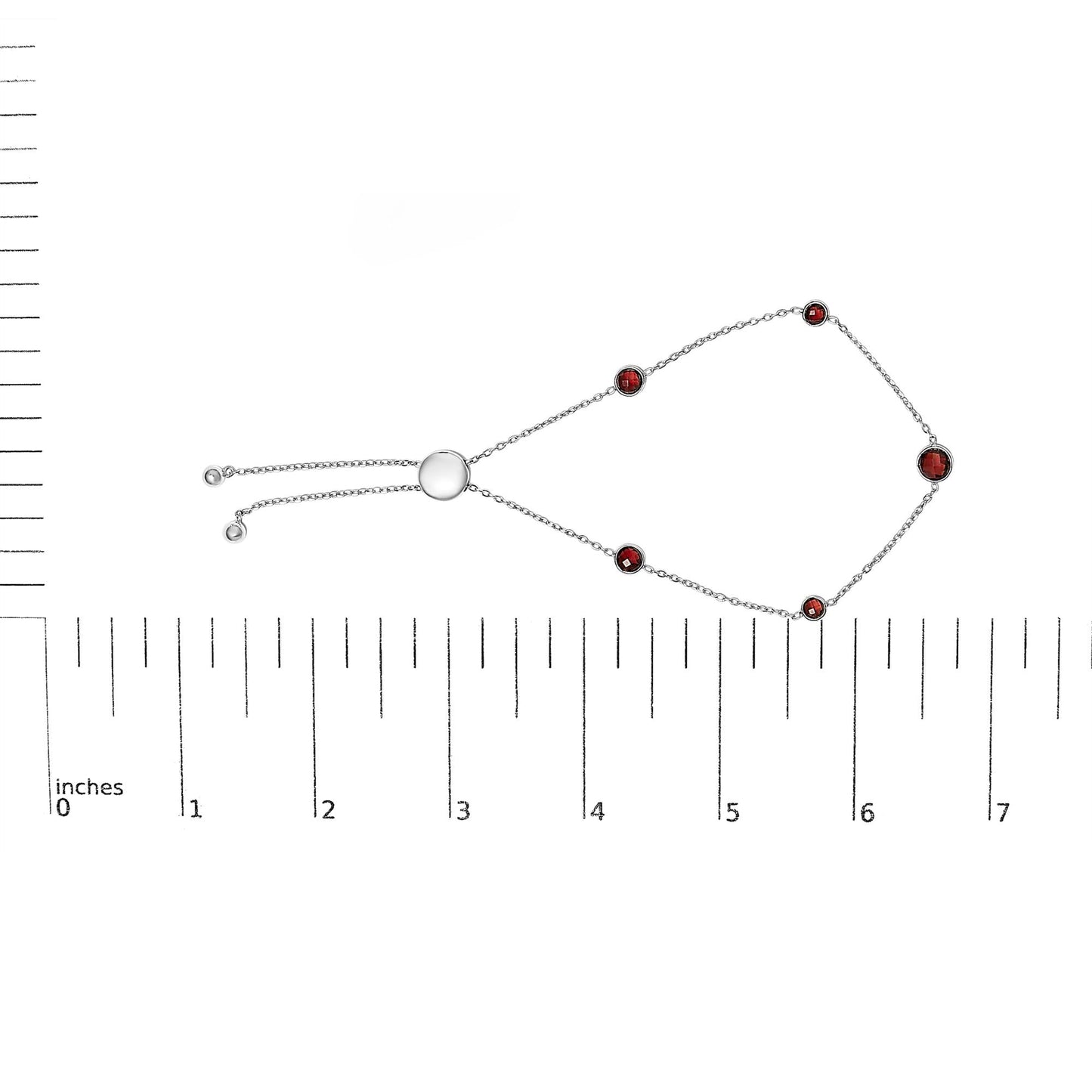 .925 Sterling Silver Bezel Set Red Garnet 5 Station Adjustable Bolo Bracelet
