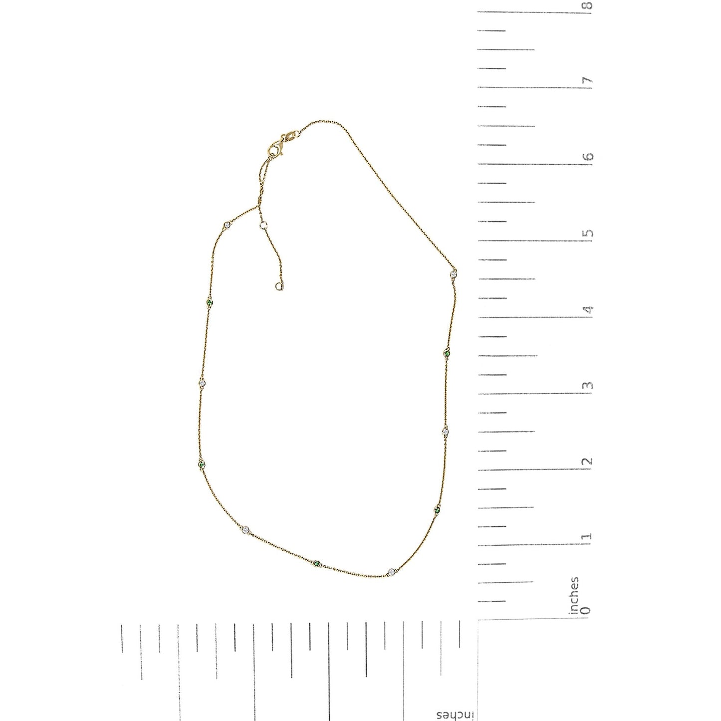 14K Yellow Gold Bezel Set Alternating Green Emerald and Diamond Station Necklace - 18" Inches