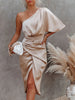 One-Shoulder Satin Wrap Dress with Side Slit