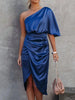 One-Shoulder Satin Wrap Dress with Side Slit
