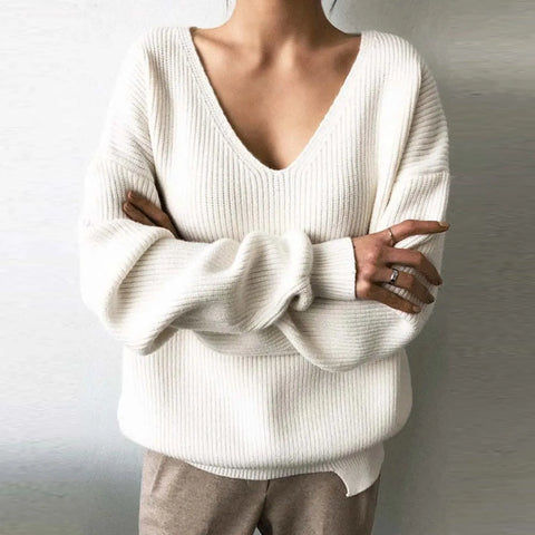 Sweater for Women Knitted Oversized 2023 solid Long Sleeve Deep V neck Jumpers Tops New Winter Pullovers Warm Women‘s Sweaters