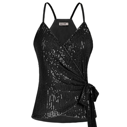 GK Women Sparkling Sequined Camisole Party Shiny Tops Spaghetti Straps V-Neck Sleeveless Tanks Fully Lined Blouse Female