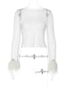 Mesh Glitter Long Sleeves Top With Fur Feather Ends