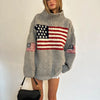 Harajuku Retro Women's US Flag Long sleeved Pullover Sweater Knitted High Neck Large Y2K Sweater Retro Sweater Warm