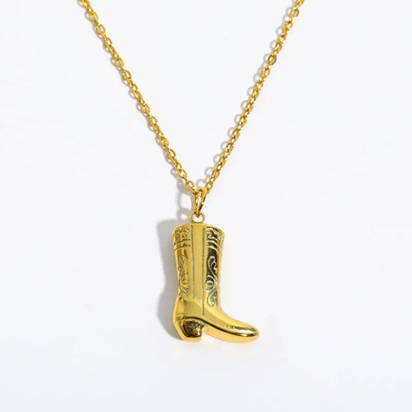 Stainless Steel Gold Western Cowboy Boot Necklace
