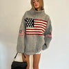 Harajuku Retro Women's US Flag Long sleeved Pullover Sweater Knitted High Neck Large Y2K Sweater Retro Sweater Warm