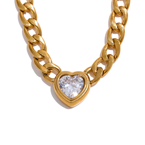 Stainless Steel Gold Chain Link Heart Necklace