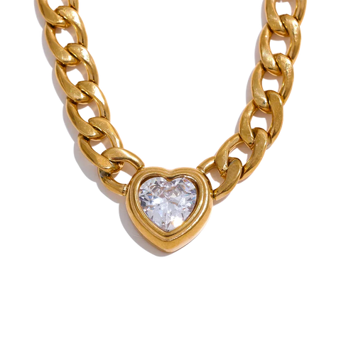 Stainless Steel Gold Chain Link Heart Necklace