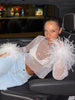 Mesh Glitter Long Sleeves Top With Fur Feather Ends
