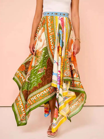 Printed Asymmetrical Hem Maxi Skirt