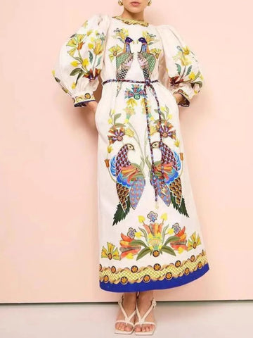 Printed Round Neck Puff Sleeve Dress