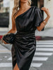 One-Shoulder Satin Wrap Dress with Side Slit