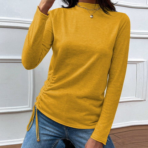 Shiny Drawstring Mock Neck Long Sleeve T-Shirt