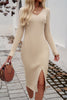 Slit V-Neck Long Sleeve Midi Dress