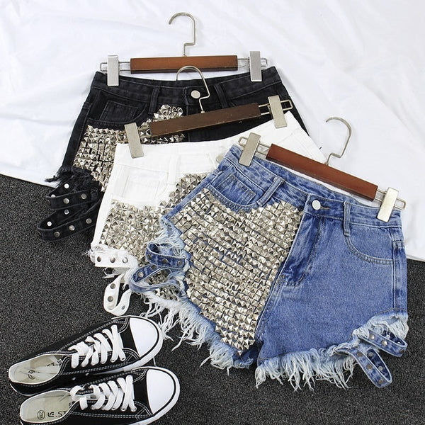 High Wasted Denim Shorts with Pyramid Studs